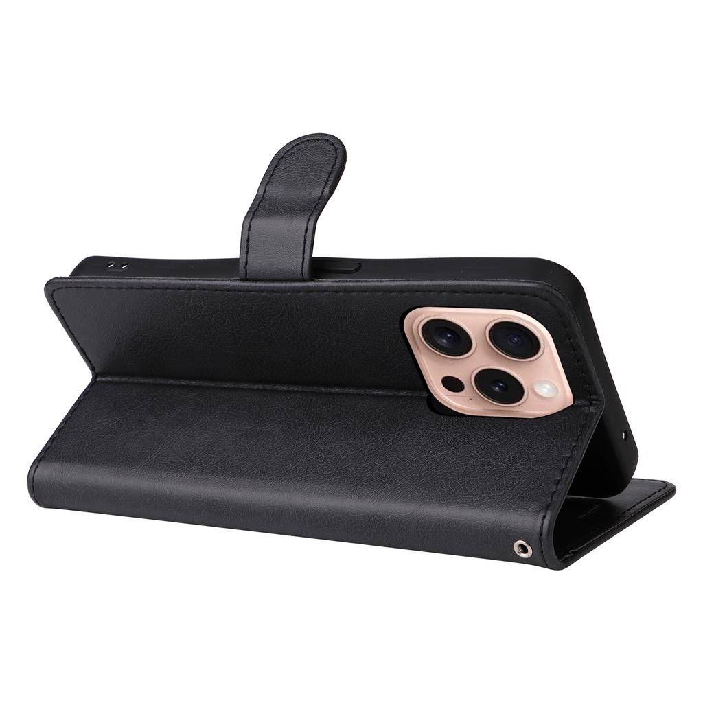 For iPhone 16 Pro Protective Case Solid Color Leather Mobile Cover Wallet Stand with Strap