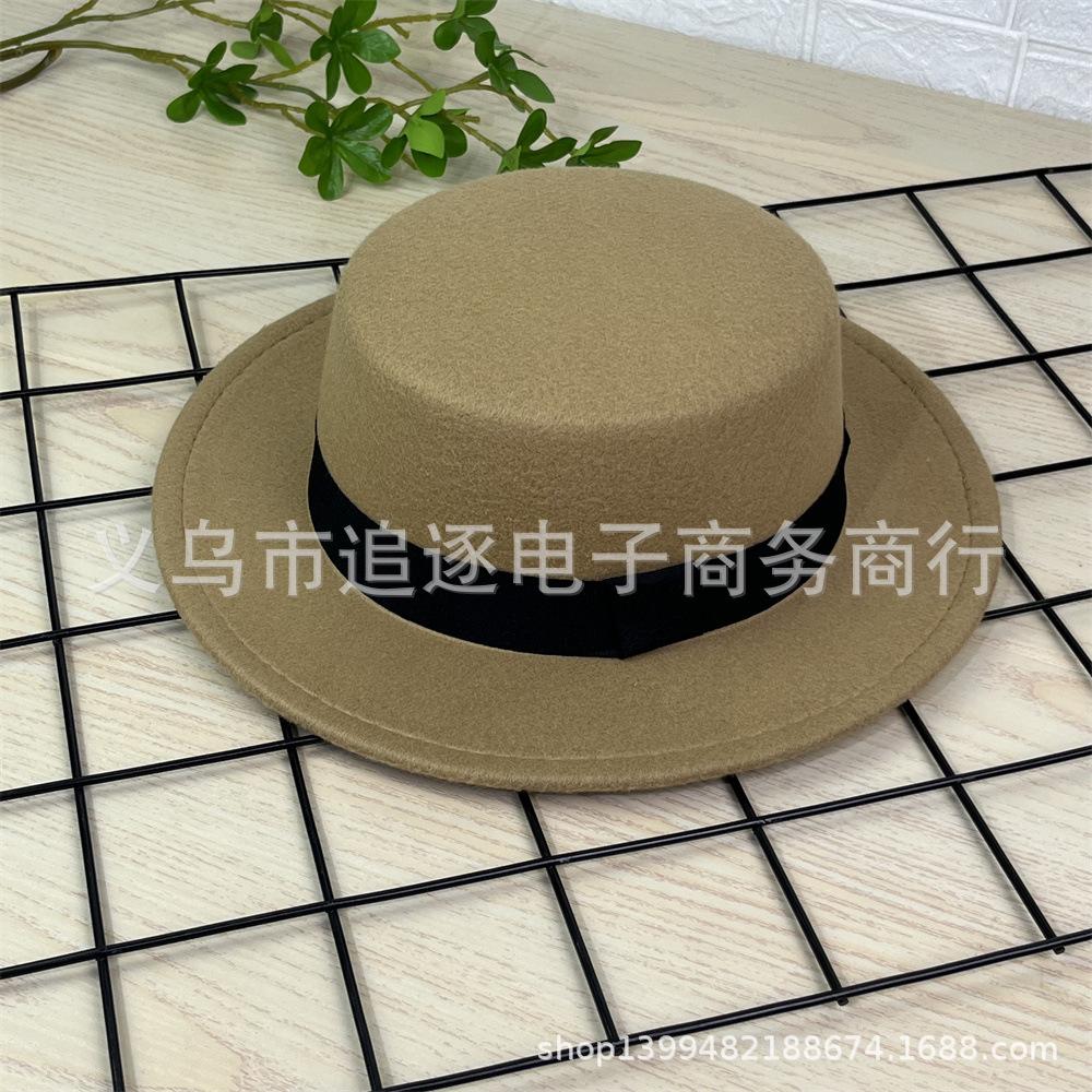 Simple black strap flat top woolen top hat autumn and winter woolen hat men's and women's hats flat edge retro British gentleman's hat