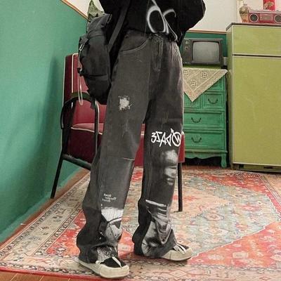 American High Street Hip-hop Pants Street Personality Graffiti Jeans Women Spring BF Style High Waist Wide Leg Pants Rock