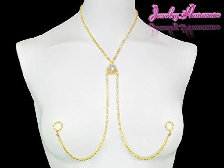 Hanazono Jewelry Owalny Zamknięty Naszyjnik na Sutek z Diamentową Alejką z Kryształem i Złotem, Akcesorium na Sutek, Pierścień na Sutek, Naszyjnik na Sutek, Dekolt,