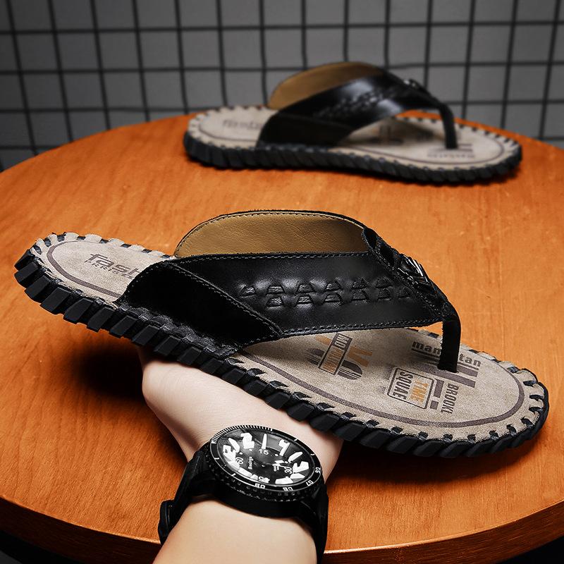 

2025 new large size first-layer cowhide soft bottom fashionable outer wear comfortable and versatile flip-flops men 38 чёрный