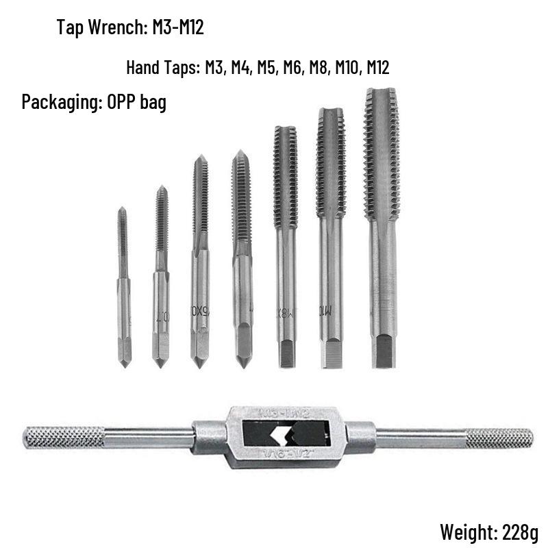 Eight-Piece Hand Threading Tap and Wrench Set, 3-12mm Range