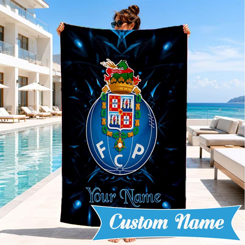 Custom Name FC Porto Emblem Design. Personalized Microfiber Beach Towel, Quick-Dry, Ideal for Summer Travel, Beach Essential, Swimming