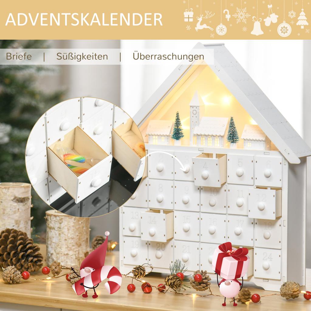 Advent calendar Christmas decoration Christmas decor, 24 drawers, LED lights, 39 cm x 9 cm x 42 cm, white + green