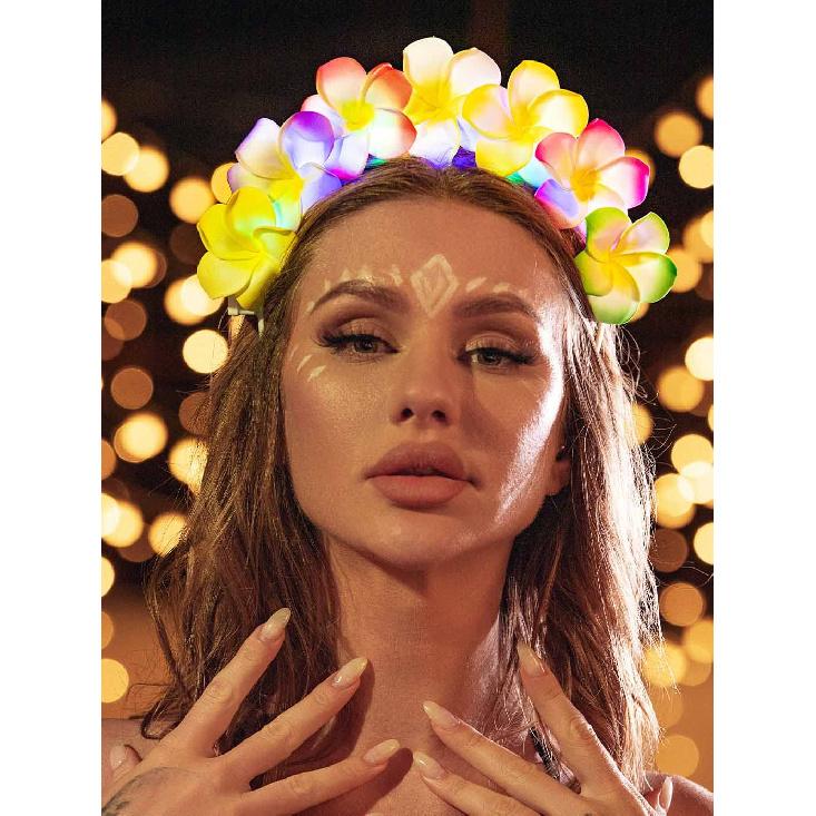 JEAIRTS LED Hawaiian Flower Headband Glowing Plumeria Floral Headpiece Festival Summer Beach Head Band Hawaiin Hair Accessories for Women