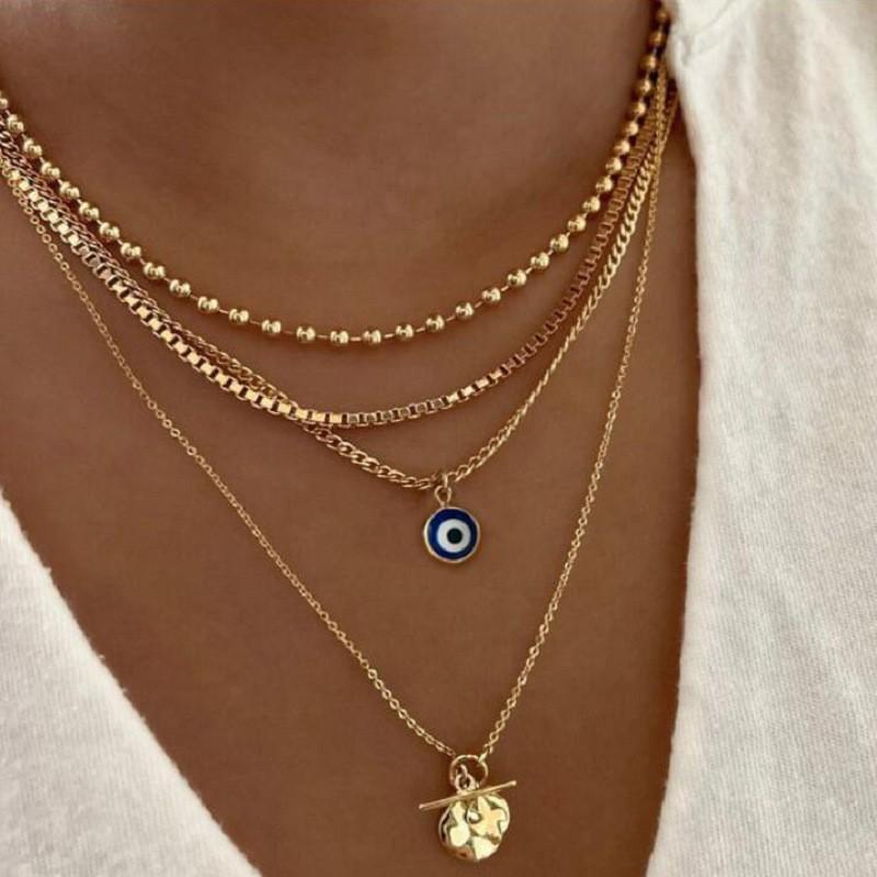 Trendiges europäisches & amerikanisches dreilagiges Münzanhänger-Halskettenset mit Schlangenknochenkette für Damen