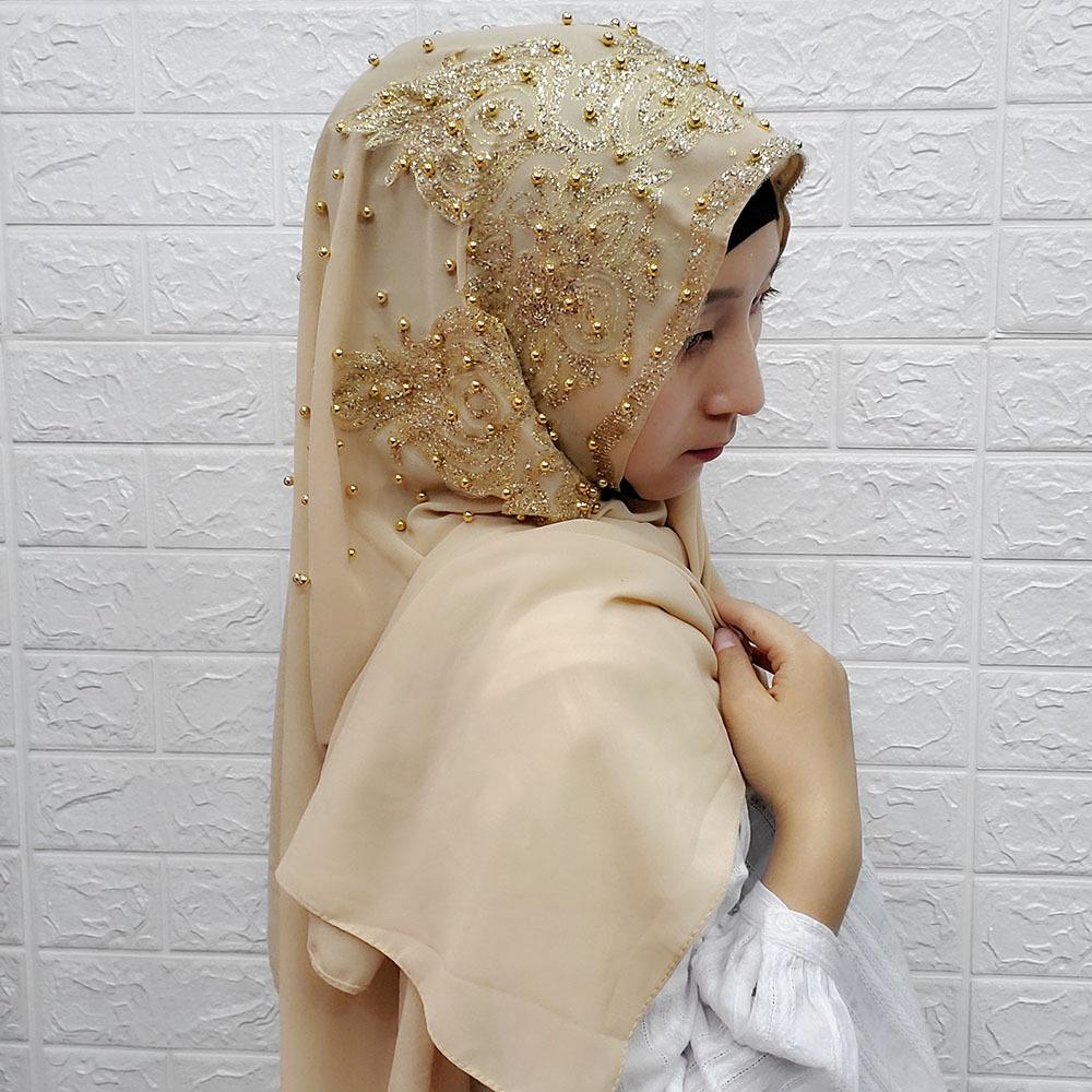 Šifonový šátek na hlavu s korálky a kamínky: Prodyšná ochrana proti slunci muslimský šátek v etnickém stylu