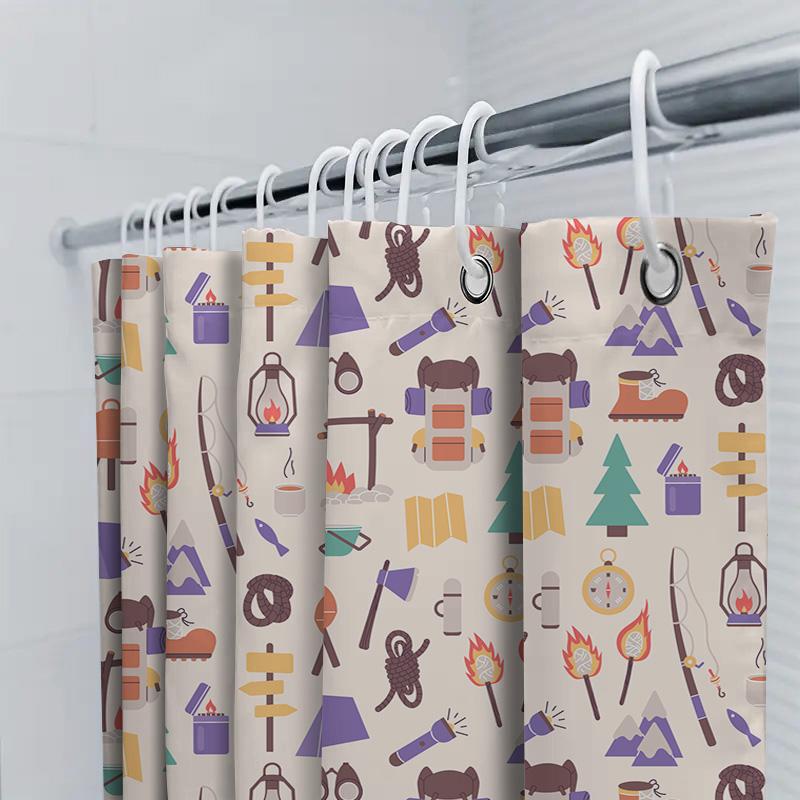 Outdoor Adventure Shower Curtain Campfire Patterns Decorative Waterproof Shower Panel Hiking Travel Camping Gear Set For Home Ba