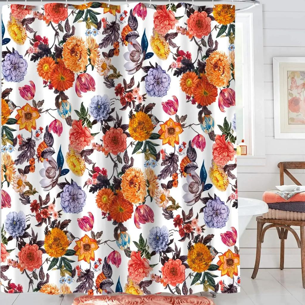 Mexican Floral Shower Curtain, Ethnic Art, Birds and Paisley, Flowers in White,Polyester, Waterproof, Bathroom Decor