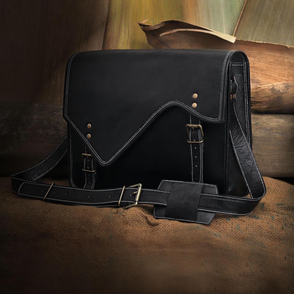 Leather Messenger Bag: 15" Black Laptop Shoulder Satchel Crossbody Gift for Men and Women