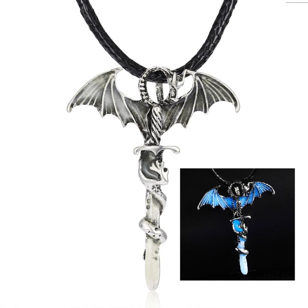 Vintage  Luminous Flying Dragon Cross Pendant Necklace For Men Women Punk Glow In Dark Animal Choker Halloween Jewelry