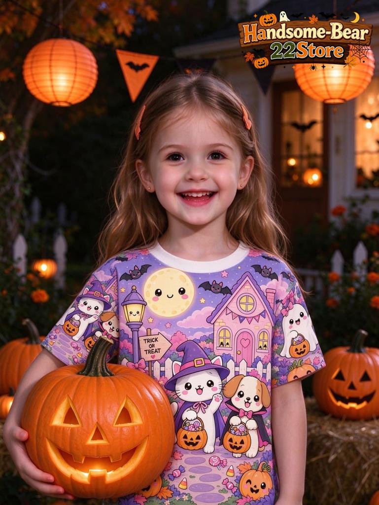 Kids Halloween Girls T-Shirt Pink Leopard Print Ghost Pumpkin Spider Bat Graphic Tee Short Sleeve Casual Top for Halloween Party
