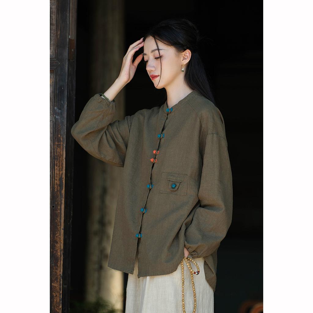 Spring Cotton  Linen Women's Clothing Art Retro Cotton  Linen  Shirt Women's Color Blocked Button Up Cardigan Jacket