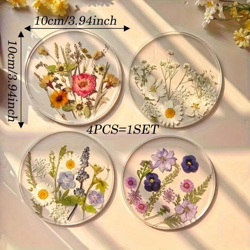 4pcs New 2D Flat Acrylic Coasters Round Wildflower Print Design Table Coaster Colorful Cup Mat Tabletop Decorations