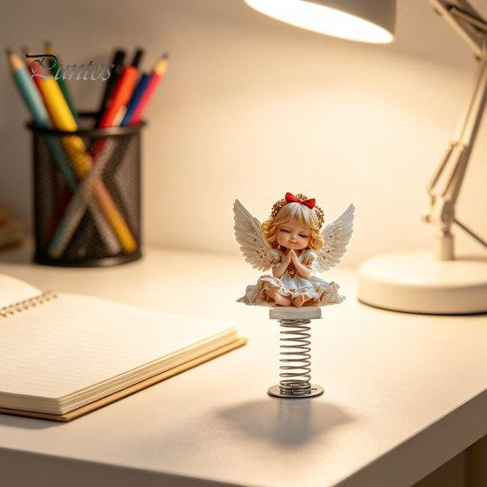 Small Angel Statues Girl Car Spring Ornament, 2D Double Sided Acrylic Dashboard Bouncing Cute Ornament Decor with Adhesive Base, Praying Figurine for