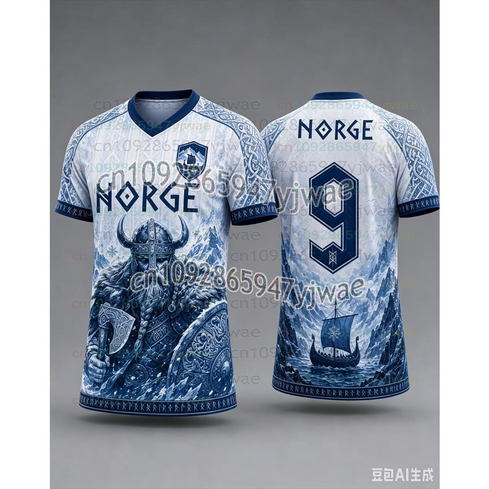 2026 Neues Herren/Kinder Norwegen V-Ausschnitt Fußballtrikot Vollständiges Nordisches Wikinger-Kriegsschiffmuster 3D Schnelltrocknend Atmungsaktiv #9 Fans Sporttrikot