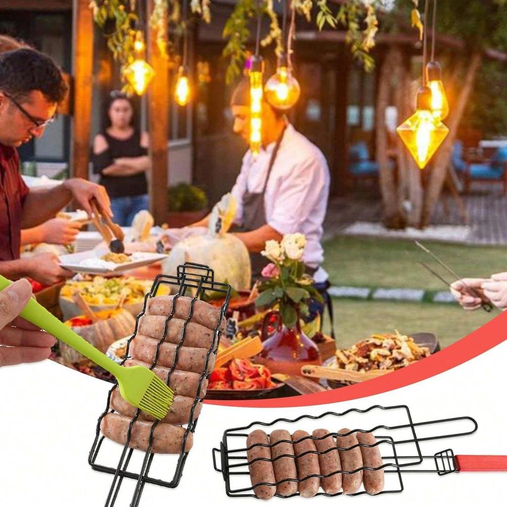 1pc BBQ Rack Removable Hot Dog Accessories Portable Outdoor With Wooden Handle Sausage Grill Cage Grill Basket