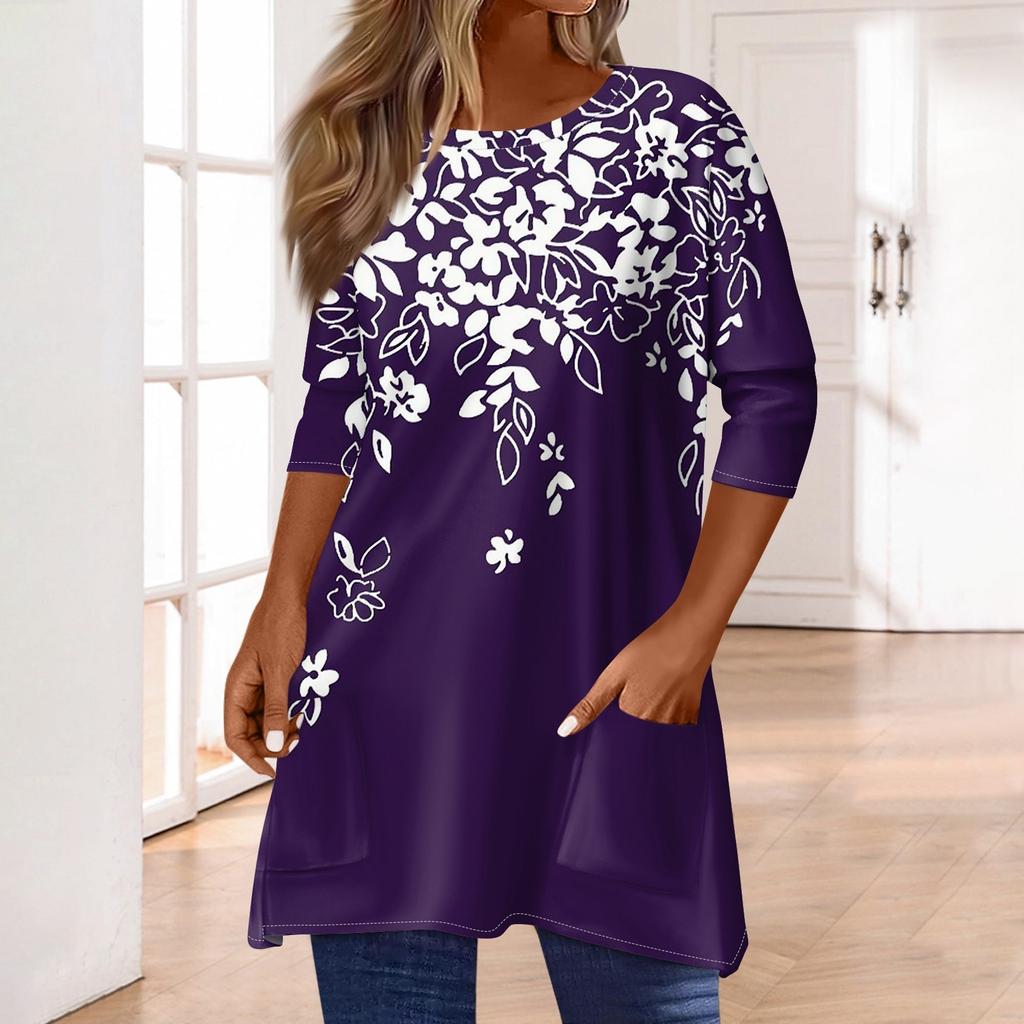 3/4-ermetopper for kvinner T-skjorte Casual Print Topper T-skjorte Rund hals Pullover Bluse