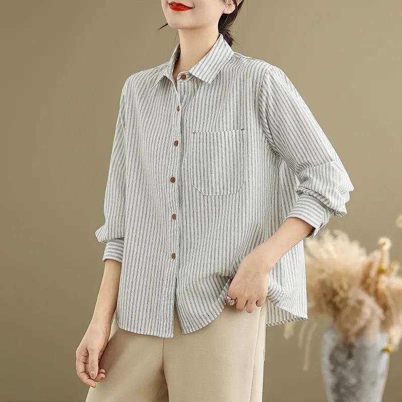 Women Blue Striped Cotton Linen Lapel Long Sleeve Shirt