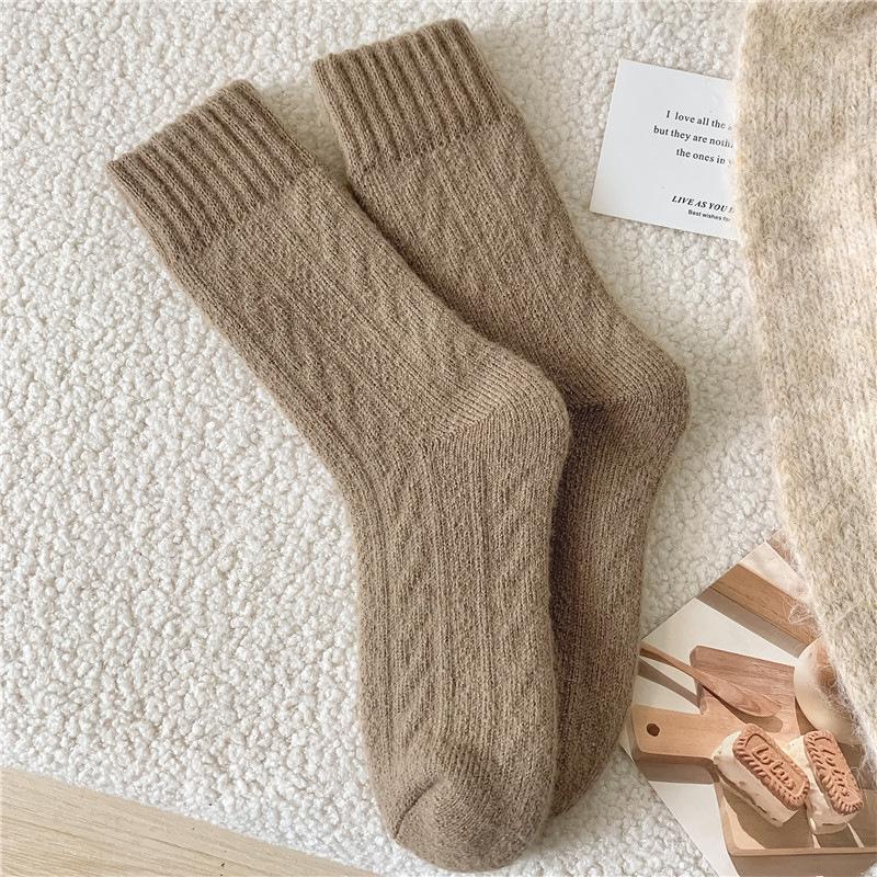 Women's Warm Fleece-Lined Mid-Calf Terry Socks for Autumn/Winter, Pure Color