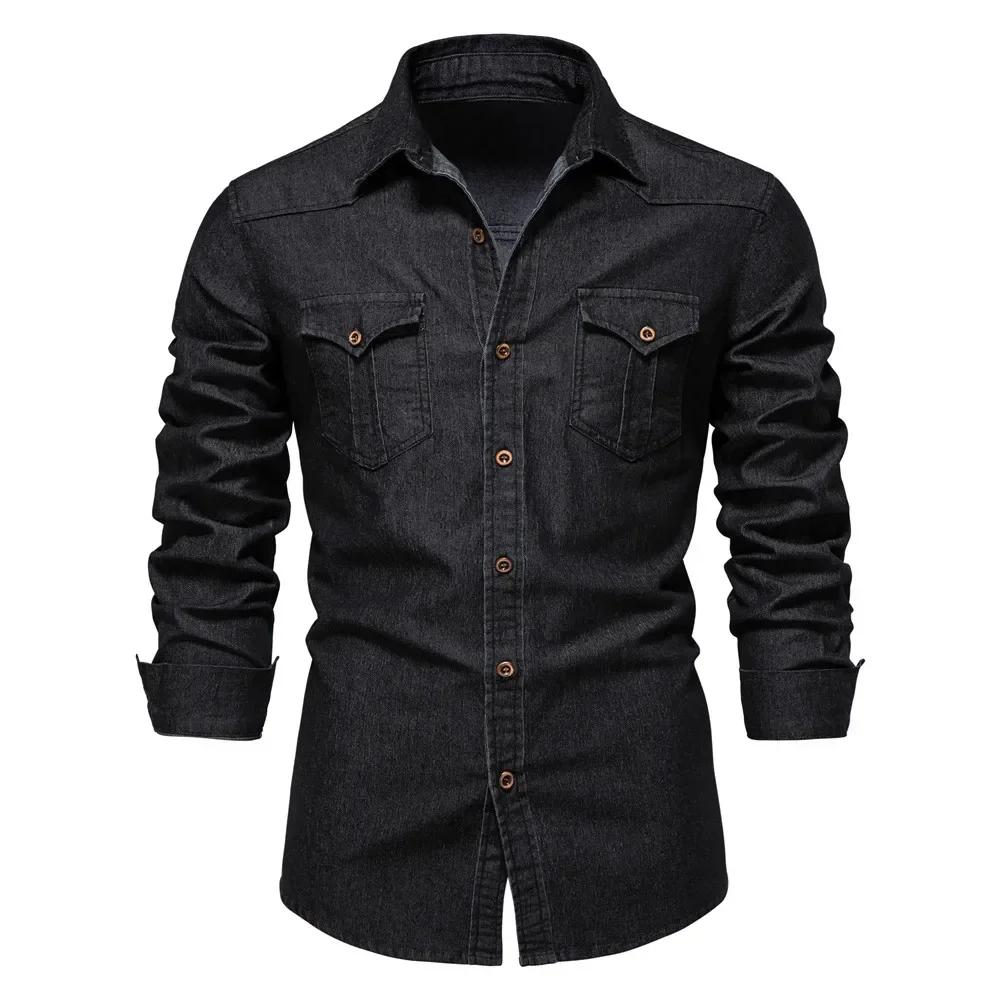 

STORN Elastic Cotton Denim Shirt Men Long Sleeve Quality Cowboy Shirts for Men Casual Slim Fit Mens Designer Clothing S чёрный