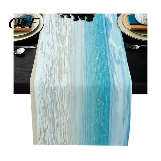 Modern Farmhouse Table Runner Summer Beach Runner, Ocean Wave Coastal Tropical Decoration for Home House Party Decor Theme