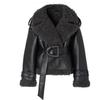 2025  New Fur Splicing Thicken Warm Leather Jackets Women Fashion Big Lapel Belt Cropped Coats  Lady High Streetwear Winter