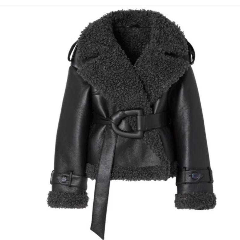 2025 Nové Kožené Bundy s Kožešinovým Prošíváním Teplé Dámské Módní S Velkým Klopovým Límcem Páskem Zkrácené Kabáty Dámské High Streetwear Zimní