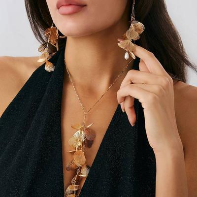 Salircon Korean Fashion Metal Leaf Tassel Earrings Choker Necklace Women Classic Luxury Wedding Bridal Daily Jewelry Set