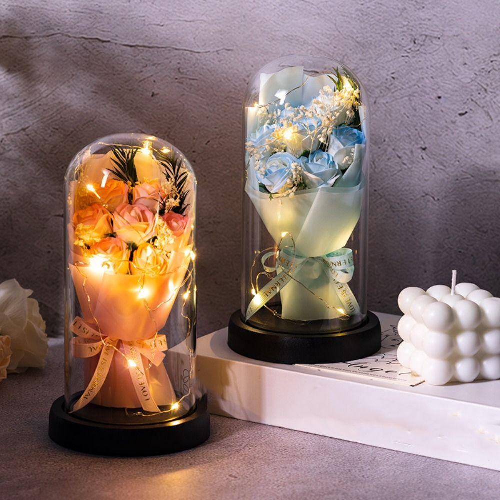 Acrylic Dome Rose Eternal Flowers LED Light Simulation Flower Decor Starry Sky Bouquet Gift