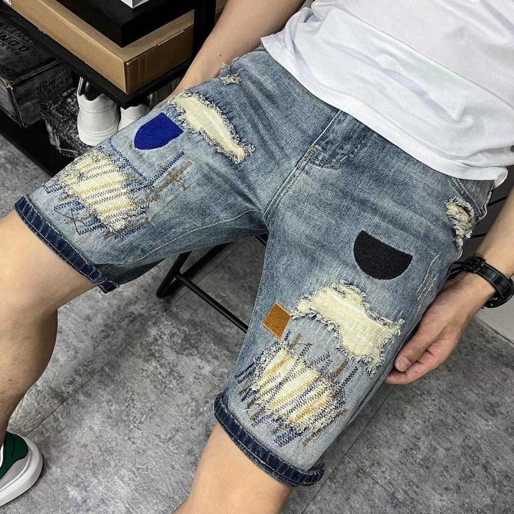 Tide Fashion Personality Colourful Stitching Embroidery Slim Denim Shorts Men's Summer Thin Section of The Hole In The Trousers
