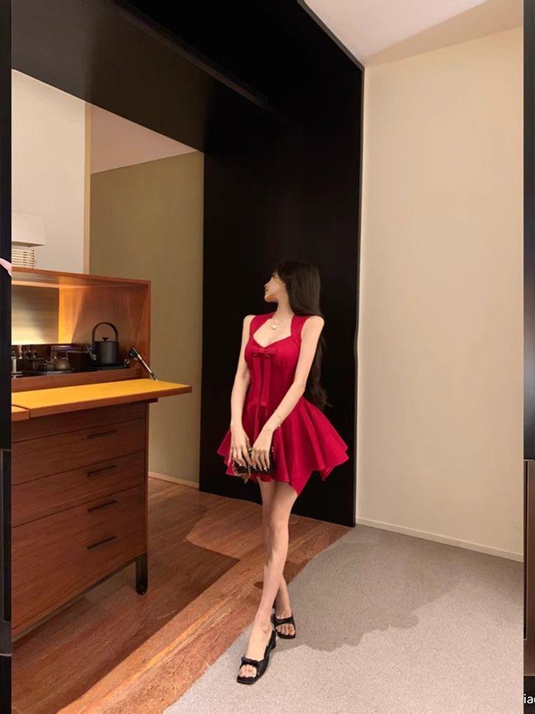 Elegant French Rose Bow Knot Dress - Slimming Waist, Summer Short Skirt for Special Occasions