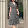 ZANZEA Women Casual V-Neck Short Sleeve Grid Print Dress