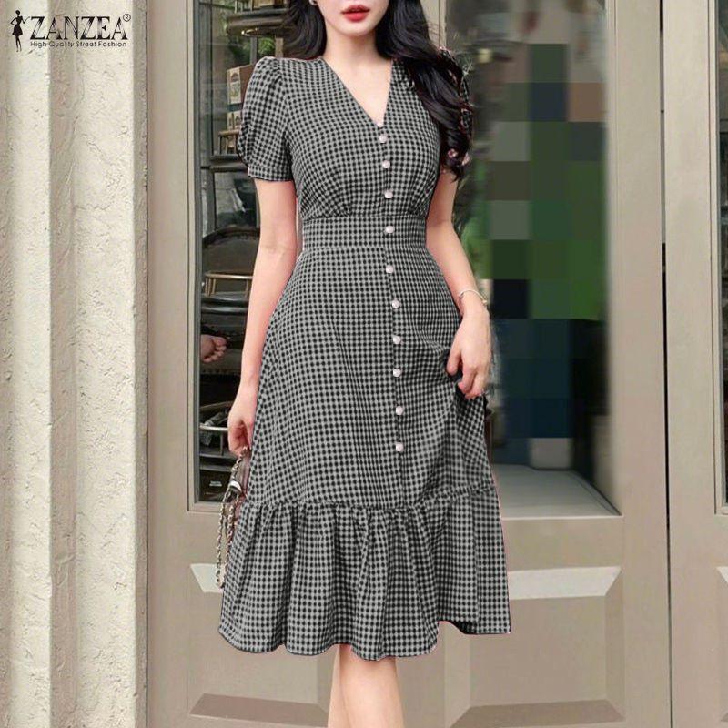 ZANZEA Women Casual V-Neck Short Sleeve Grid Print Dress