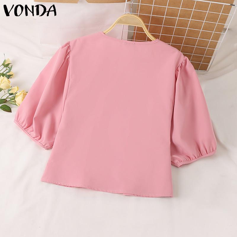 VONDA Women Summer V-Neck Puff Short Sleeves Lace Blouses