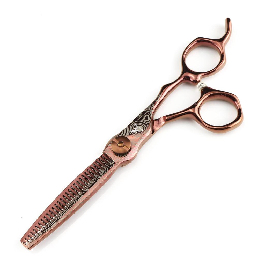 6.0-Inch Bronze Gold Damascus Steel Hairdressing Thinning Scissors with Serrated Blade