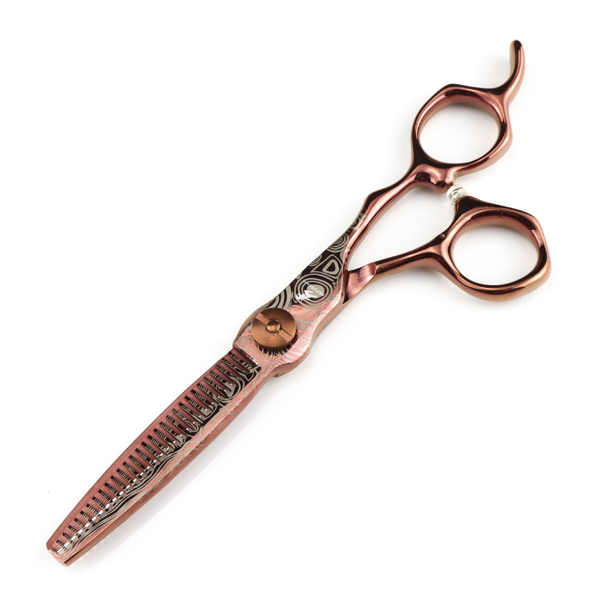 6.0-Inch Bronze Gold Damascus Steel Hairdressing Thinning Scissors with Serrated Blade