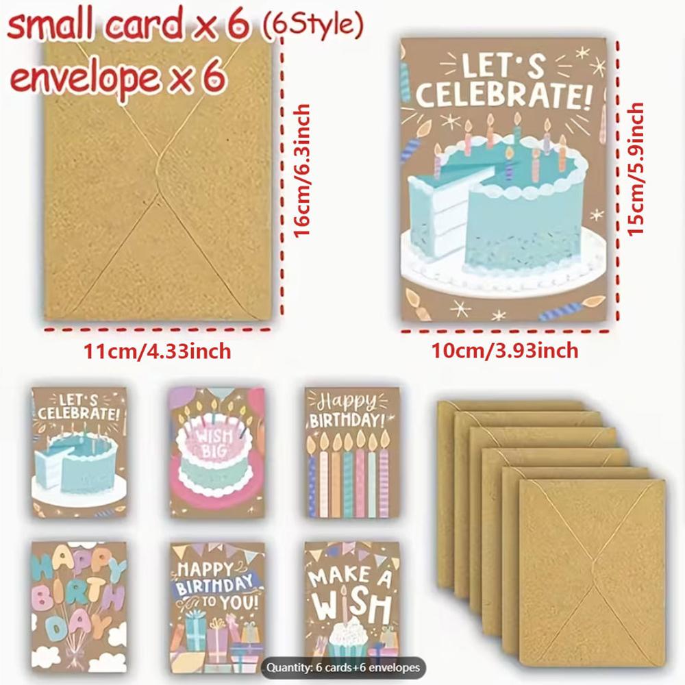6 cardboards, 6 envelopes, colorful cartoon birthday cards, simple birthday invitation and blessing cards