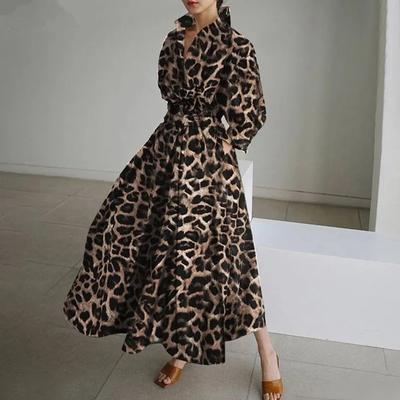 Camisa longa feminina manga comprida estampa de leopardo casual vestido de bainha solta