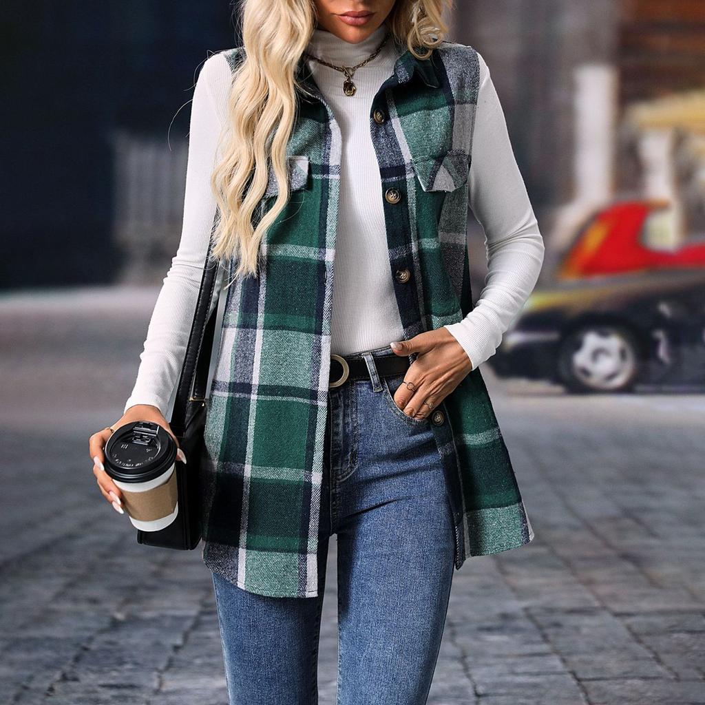 Women's Fashion  And Winter Plaid Loose Cardigan Sleeveless Vest Jacket