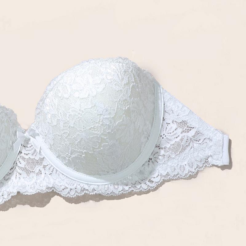 Women Lace Bra Half Cup Demi Bras with Thick Padded Lingerie Strapless Backless Design B Cup Underwear