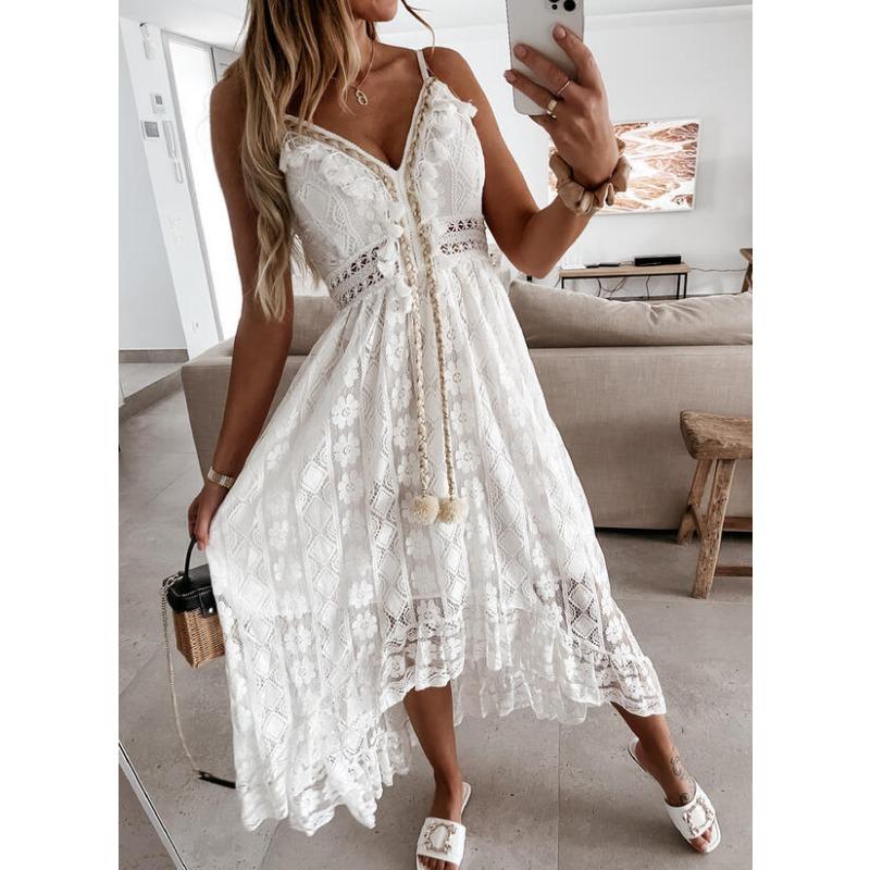 Summer Lace Suspender Pendulum Solid Color Long Dress Dress Sun Protection Beach Skirt Women S белый