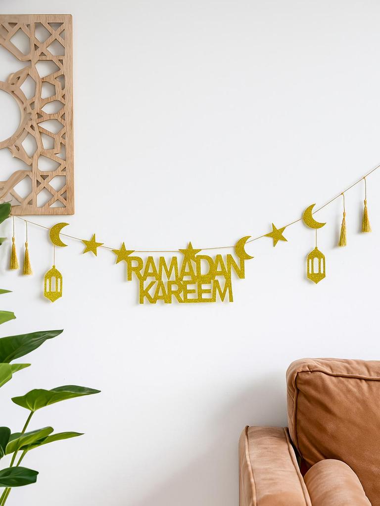 Ramadan Kareem Guldglitter Banner Non-Woven Tyg Stjärna Måne Lykta Tofs Väggdekor Girlang Islamisk Festlig Hemdekoration