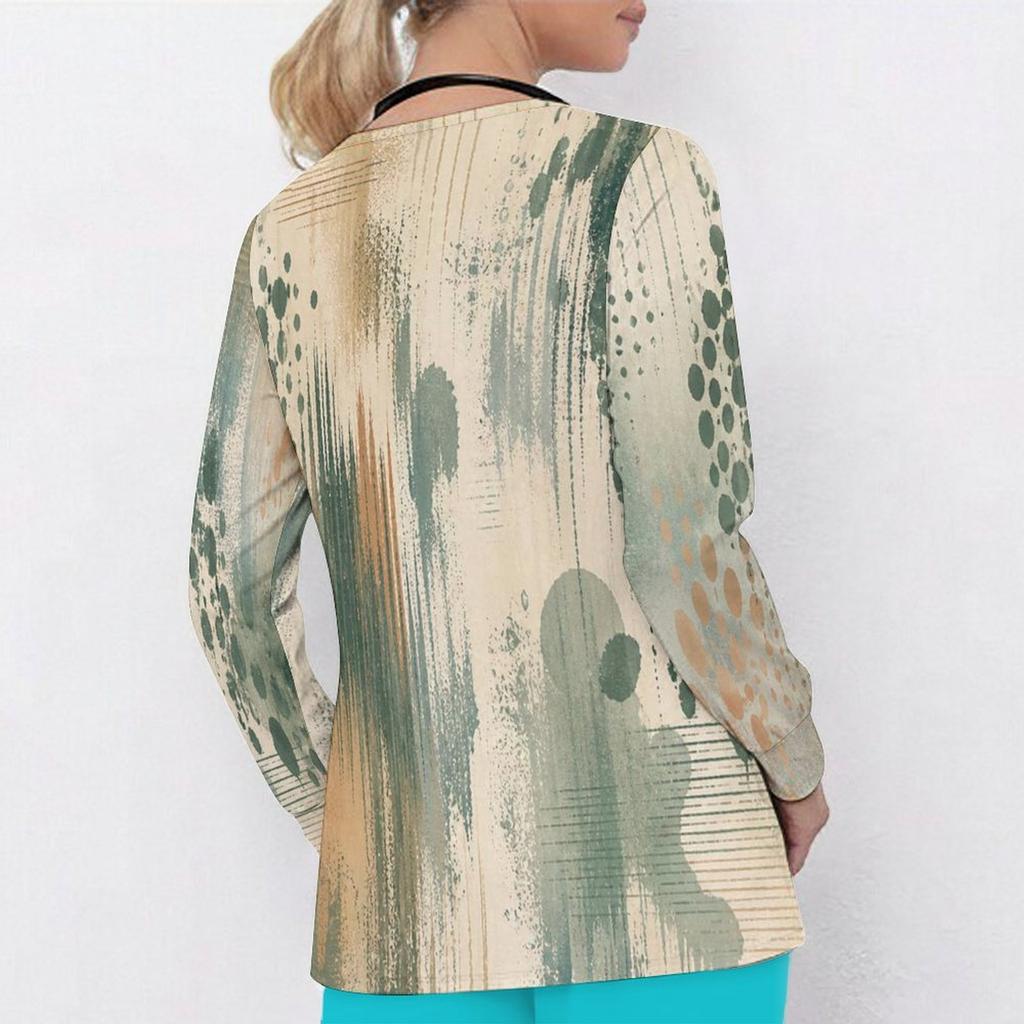 Women Plus Size Printed V Neck Long Sleeve Nurse Scrub Top With Front Pockets