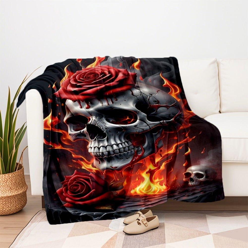 "Flaming Rose Skull Art Print - Gothic Wall Decor"Blanket Flannel Throw Blanket for Sofa, Bed, Travel, Camping, Office, Couch, Chair, And Be