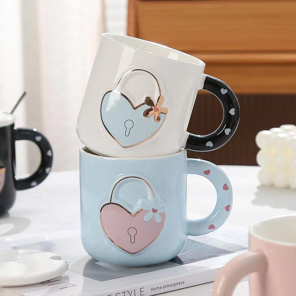 Kreativer Liebesschloss-Becher Ins Hochwertige Keramiktasse Souvenir Niedlich Zuhause Paar Wasserbecher Kaffeetasse