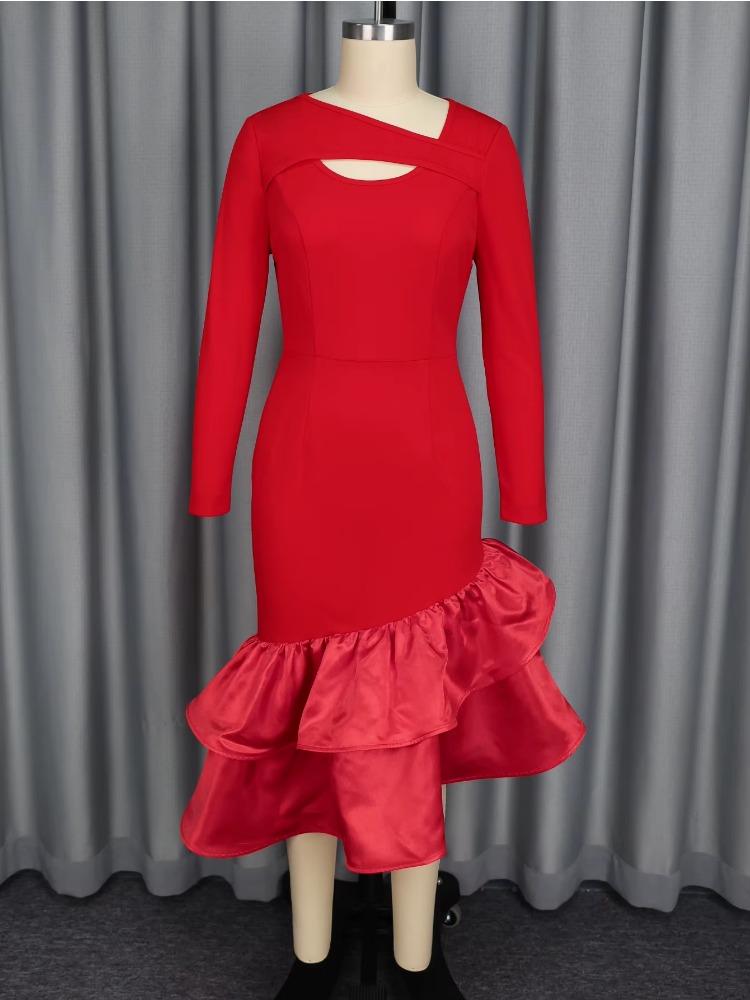 Robe Sirène Asymétrique Femme Col Découpé Manches Longues Moulante Soirée Noël Automne Hiver Robe d'Invitée de Mariage
