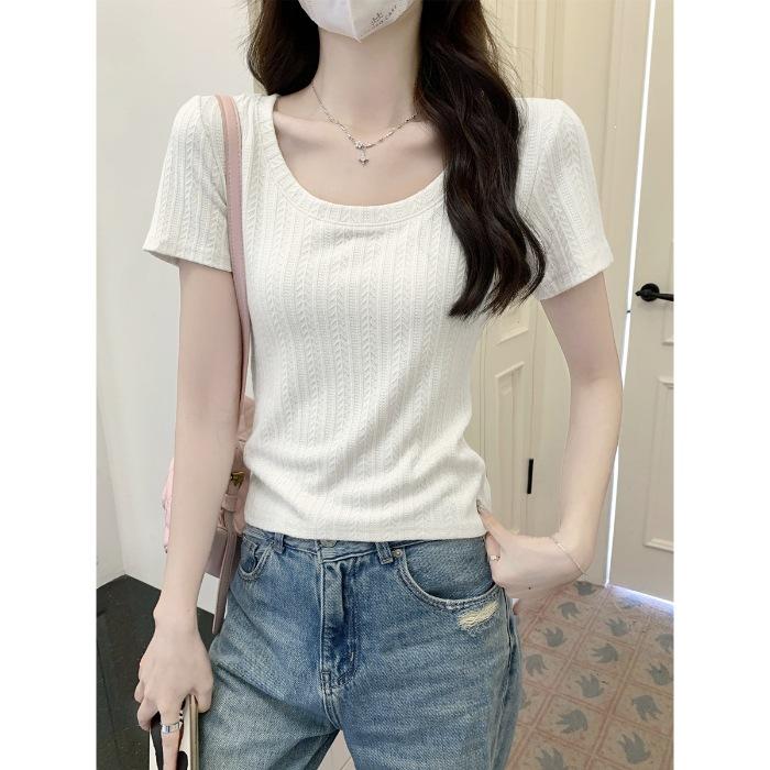 Front shoulder U-neck short-sleeved T-shirt for women s summer pure desire, slim and thin bottom top S