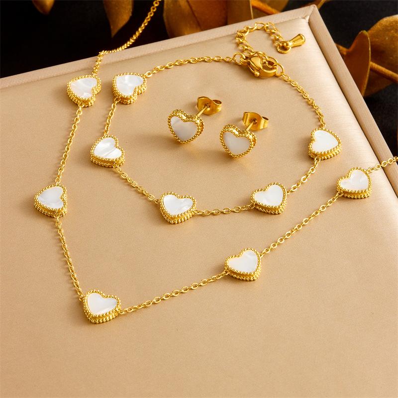 Gold Plated Mother of Pearl Heart Necklace Earrings Set Dainty Love Pendant Jewelry золотой