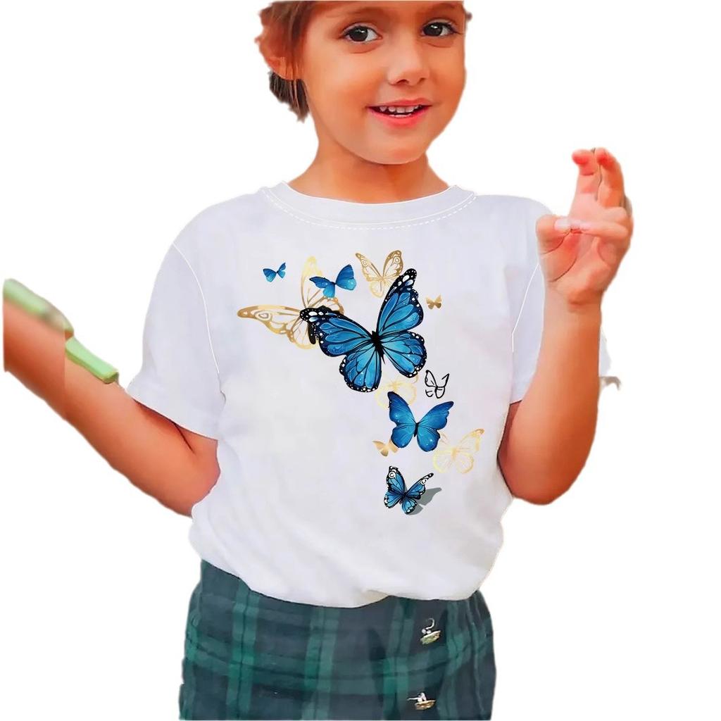 Girls' Casual Dreamy Blue Butterfly Pattern T-shirt for Summer, Children's Fashionable Short-sleeved T-shirt